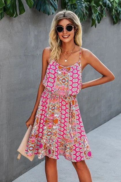 Pink Spaghetti Strap Floral Print Dress