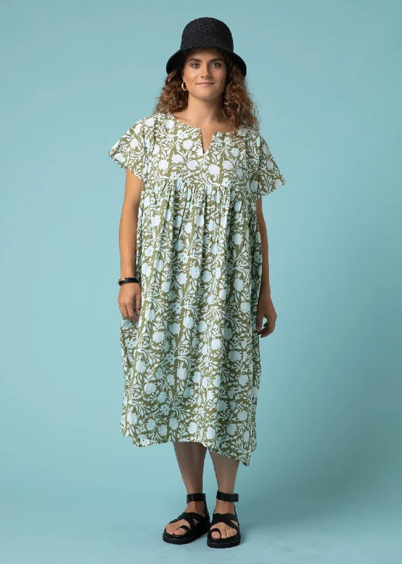 Meadow Dress -                                      Floral Escape in Olive Oil & Cerulean