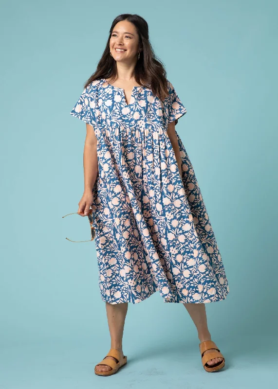 Meadow Dress -                                      Floral Escape in True Navy & Neon Peach