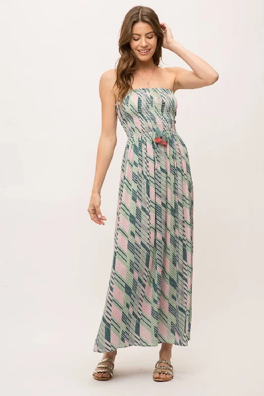 Palm Tree Vibes Strapless Maxi Dress