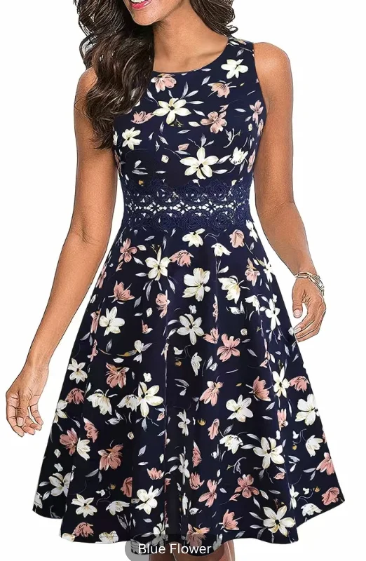 Navy Floral Pleated Dress