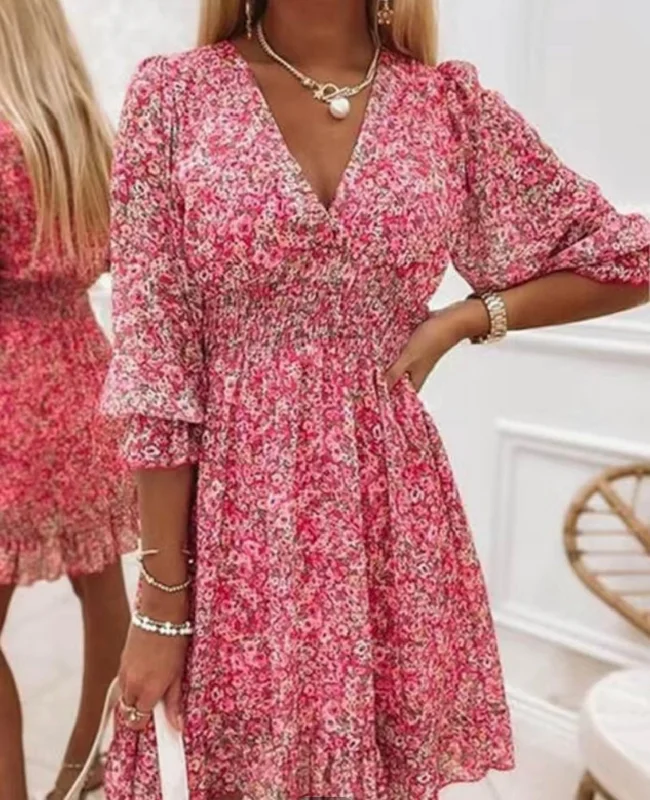 Pink Floral V Neck 3/4 Sleeve Dress