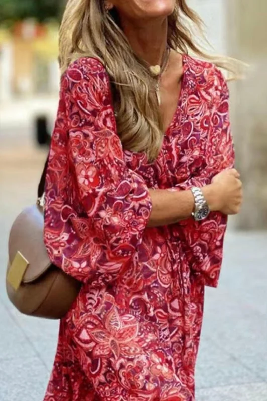 Red & Pink V-Neck Floral Print Boho Waist Dress