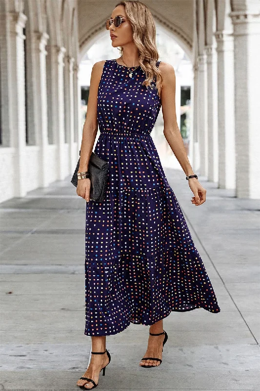 Navy Dot Print Sleeveless Round Neck Block Dress