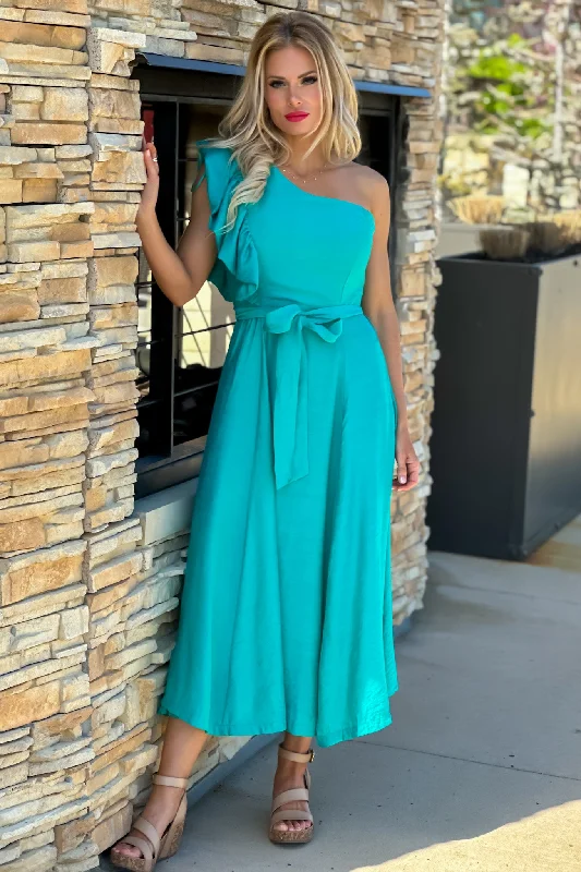 Season Of Love One Shoulder Ruffle Sleeve Midi Dress : Turquoise