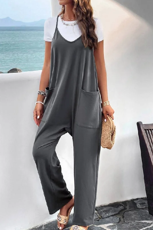 Sleeveless V-Neck Loose Jumpsuit (Charcoal)