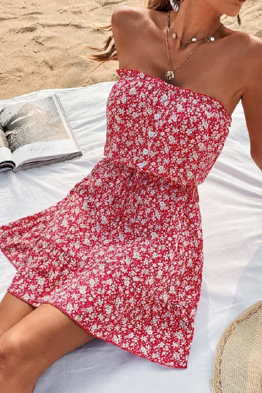 Strapless Floral Dress (Red)