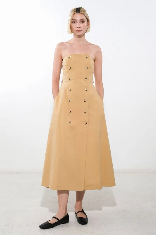 Strapless Solid Woven Midi Dress | Beige