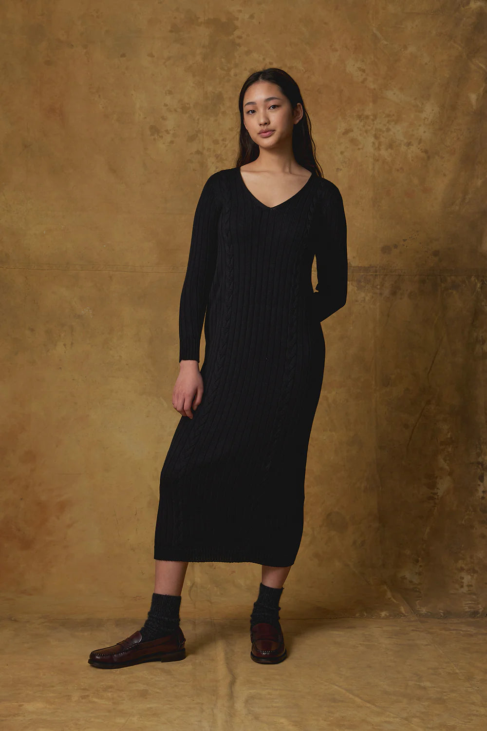 STANDARD ISSUE MERINO CABLE DRESS BLACK