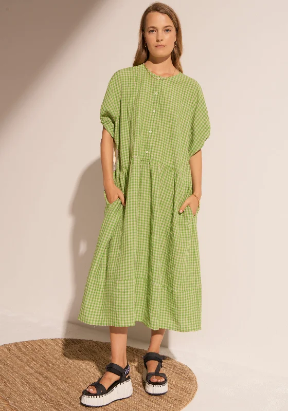 POL ROY TIE SLEEVE DRESS GREEN GINGHAM