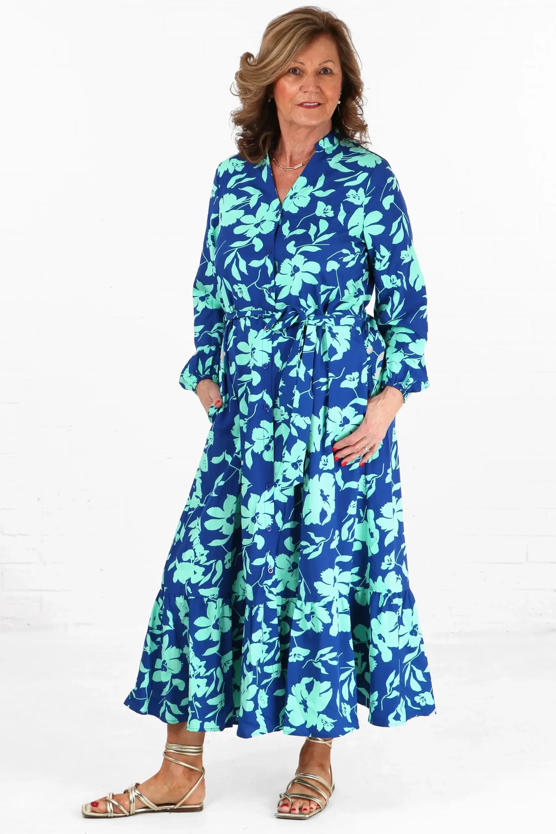 Tropical Floral Print  Button Down Tiered Shirt Dress - Blue