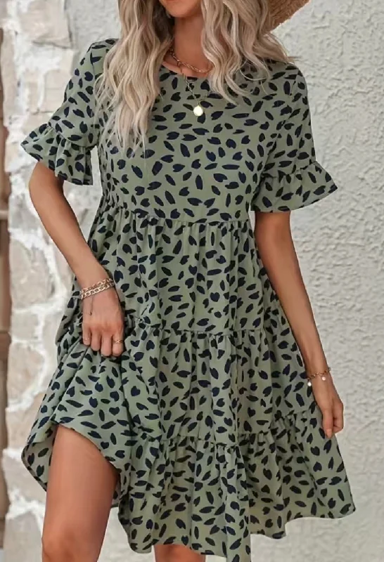 Army Green Print Ruffle Trim Dress