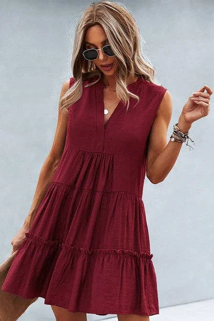 V Neck Solid Ruffle Sleeveless Dress: WINE